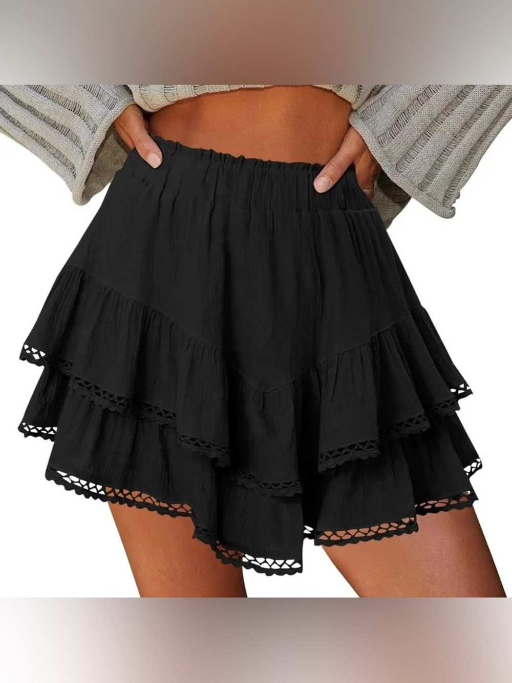 Zaful Black Asymmetrical Layered Ruffle Mini Skirt With Shorts